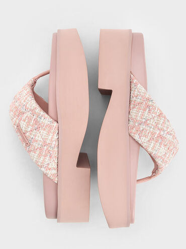 Sandalias de tweed con plataforma y tira V entre los dedos, Rosa pálido, hi-res