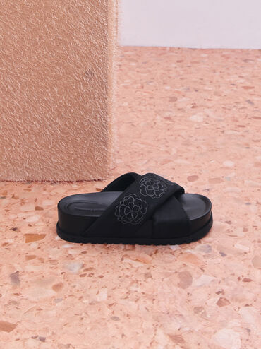 Satin Embroidered-Flower Crossover Sandals, Black Textured, hi-res