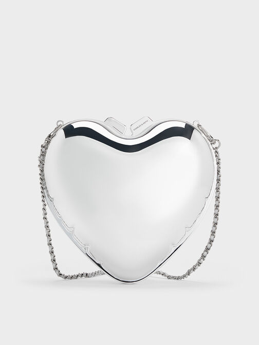 Bolso de mano metálico tipo corazón, Plateado, hi-res