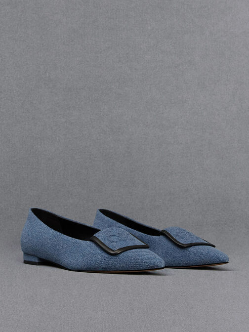 Leather & Denim Pointed-Toe Flats, Blue, hi-res