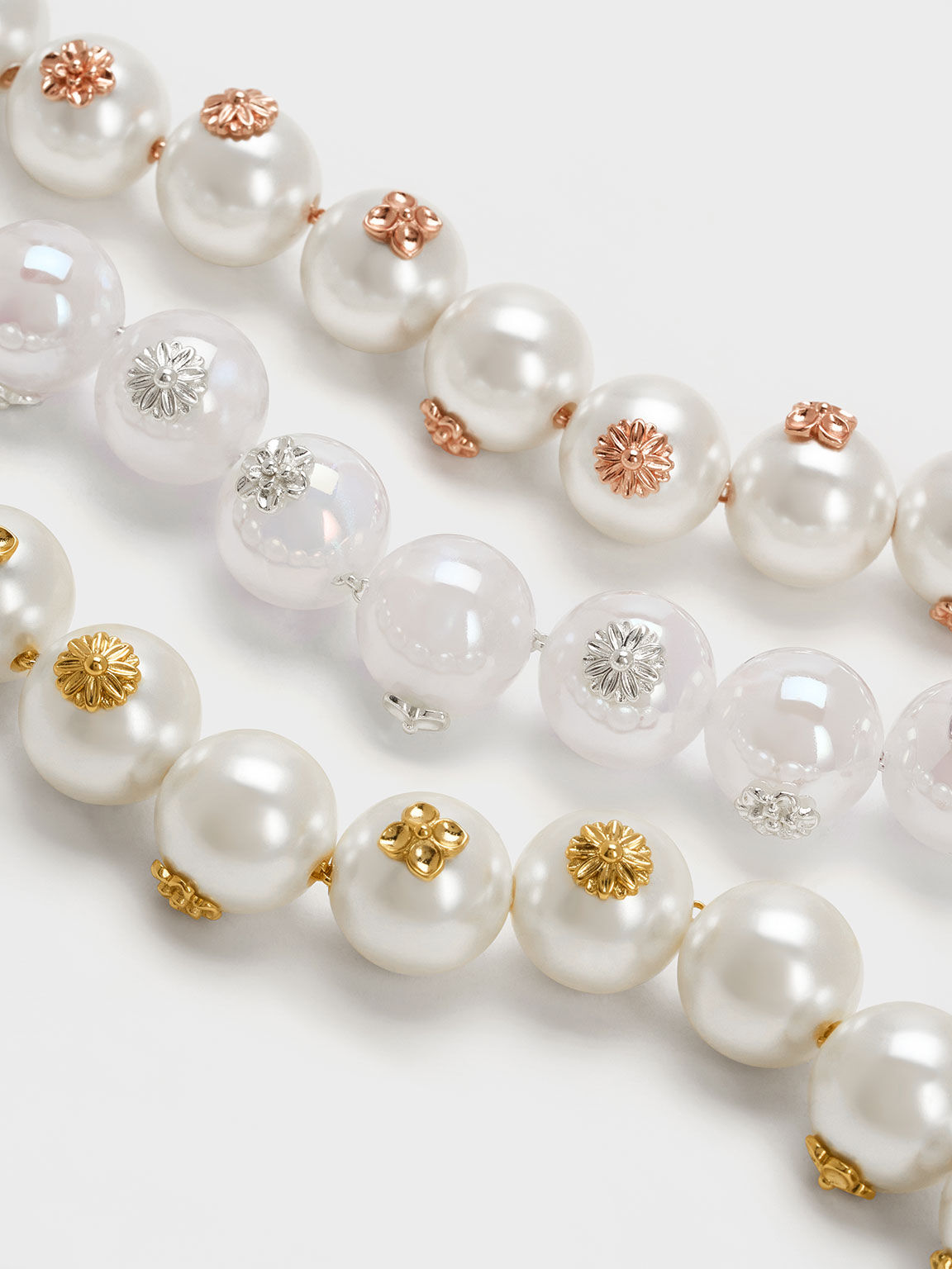 Flower-Embellished Pearl Necklace, Silver, hi-res