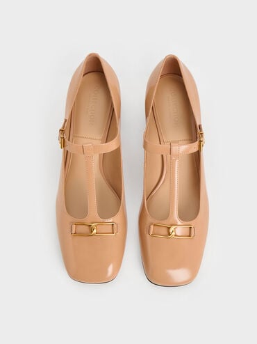 Gabine Leather T-Bar Mary Jane Pumps, Nude, hi-res