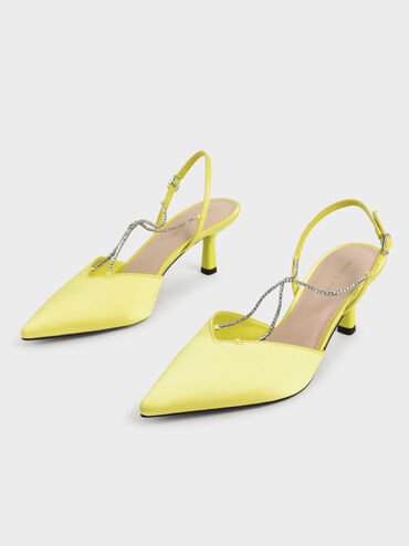 Recycled Polyester Gem-Strap Slingback Pumps, Lime, hi-res