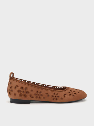 Leather Embroidered Ballet Flats, Cognac, hi-res