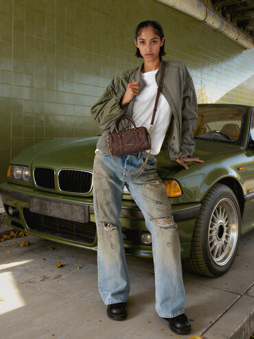 Philomena 金屬鍊托特包, 刷舊棕, hi-res