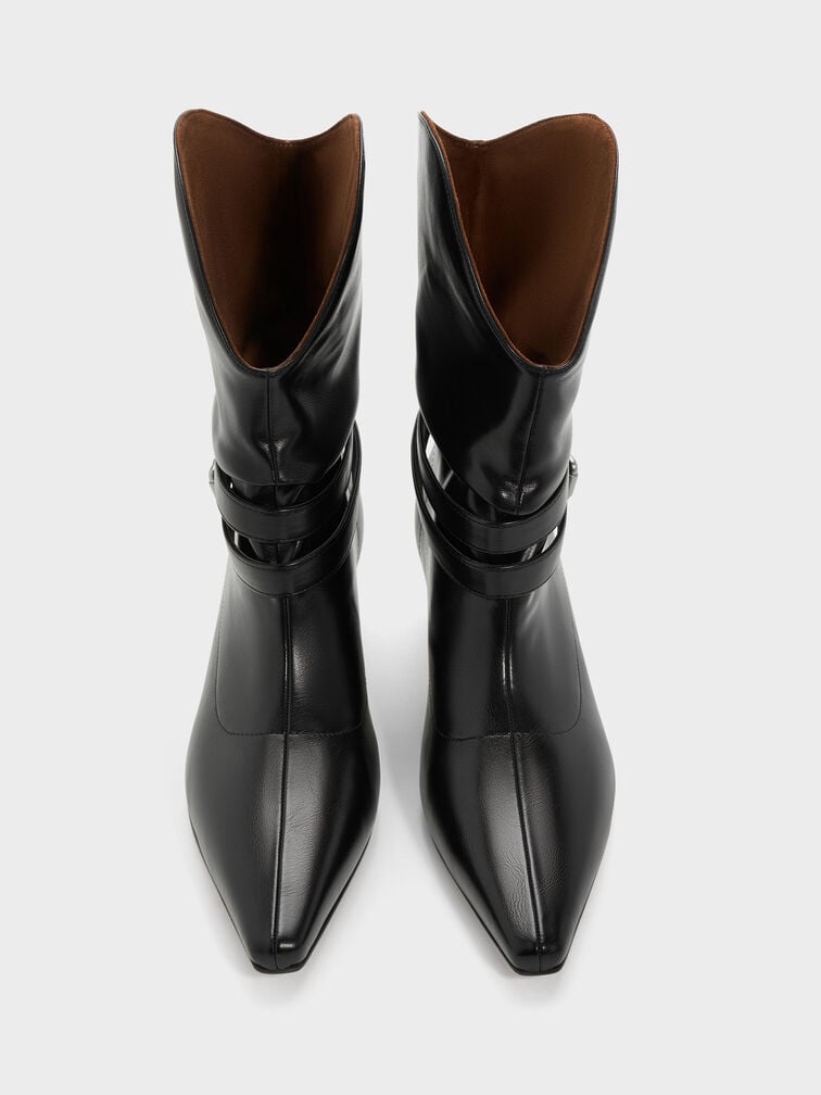 Botas Karter de bico fino, franzidas e salto gatinho com fivela, Preto, hi-res