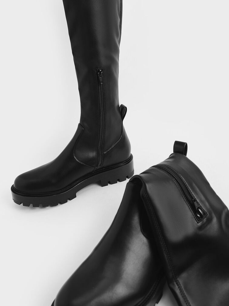 Pull-Tab Chunky Knee-High Boots, Black, hi-res