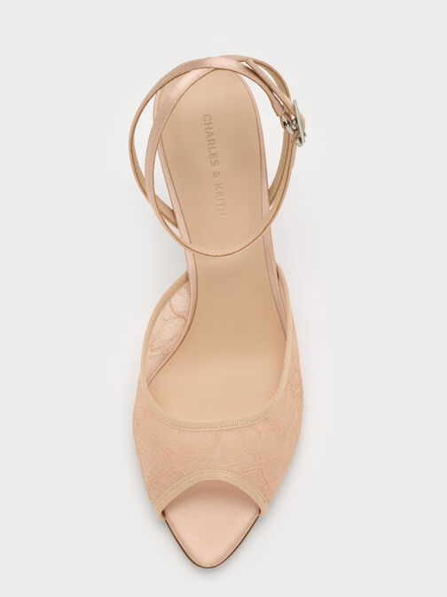 Lace & Satin Peep-Toe Heels, Nude, hi-res