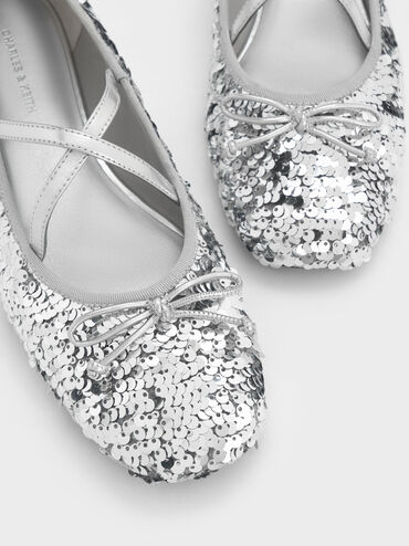 Sequinned Crossover Mary Jane Flats, Argent, hi-res