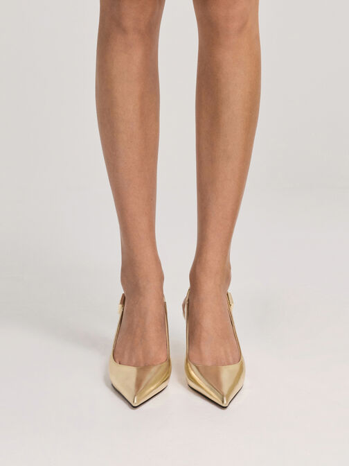 Cody Metallic Leather Pointed-Toe Kitten-Heel Slingback Pumps, Gold, hi-res