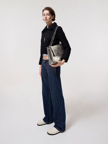Bolso metálico Sianna con asa de cadena y efecto arrugado, Estaño, hi-res