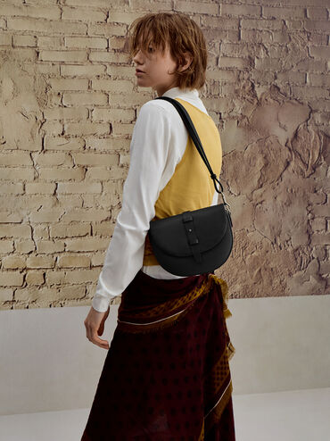 Beryl Belted Saddle Bag, Black, hi-res