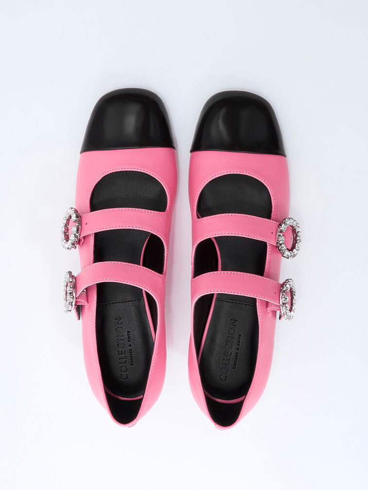 Leather Double-Buckle Crystal-Embellished Mary Janes, Pink, hi-res