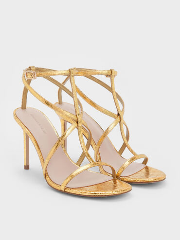 Metallic Crinkle-Effect Strappy Stiletto-Heel Sandals, Dorado, hi-res