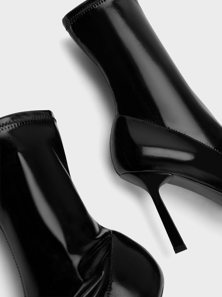 Patent Crinkle-Effect Pointed-Toe Stiletto Heel Ankle Boots, Black Patent, hi-res