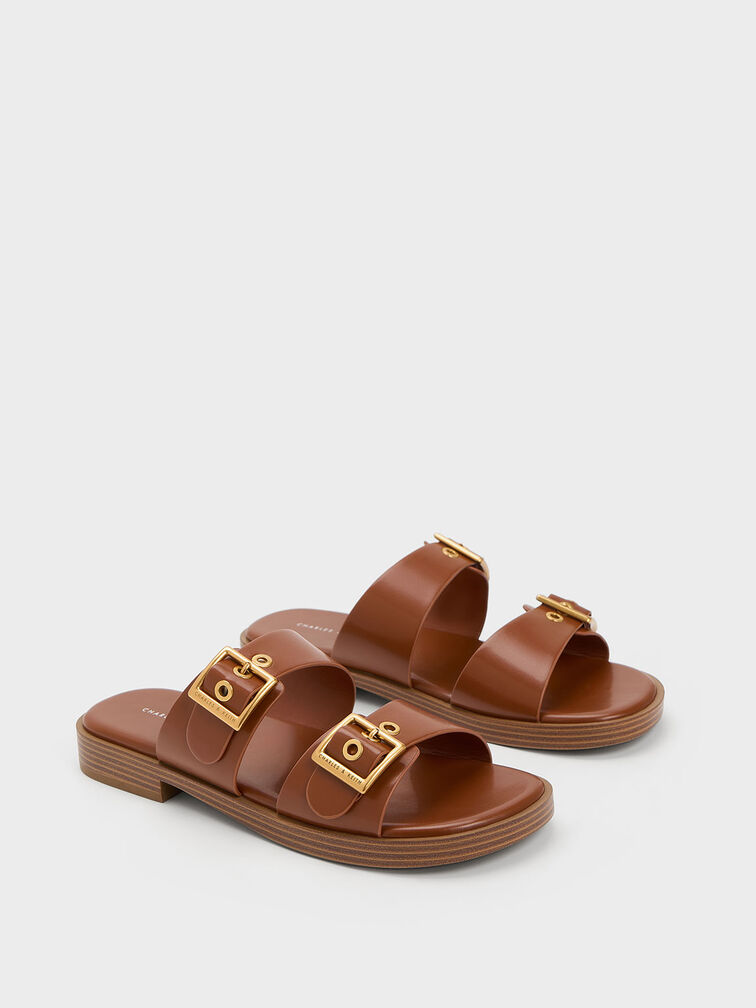 Buckled Double Strap Slide Sandals, Cognac, hi-res