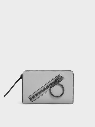Ring Detail Zip Around Small Wallet, Grey, hi-res