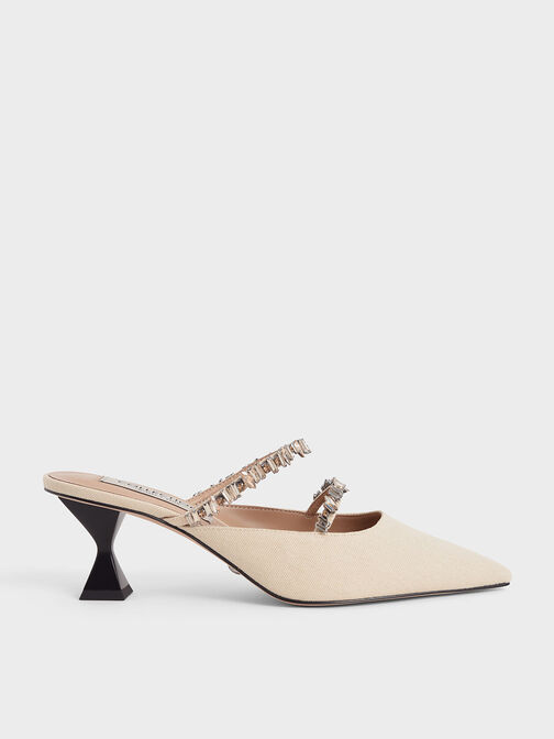 Canvas Double Gem Strap Mules, Beige, hi-res
