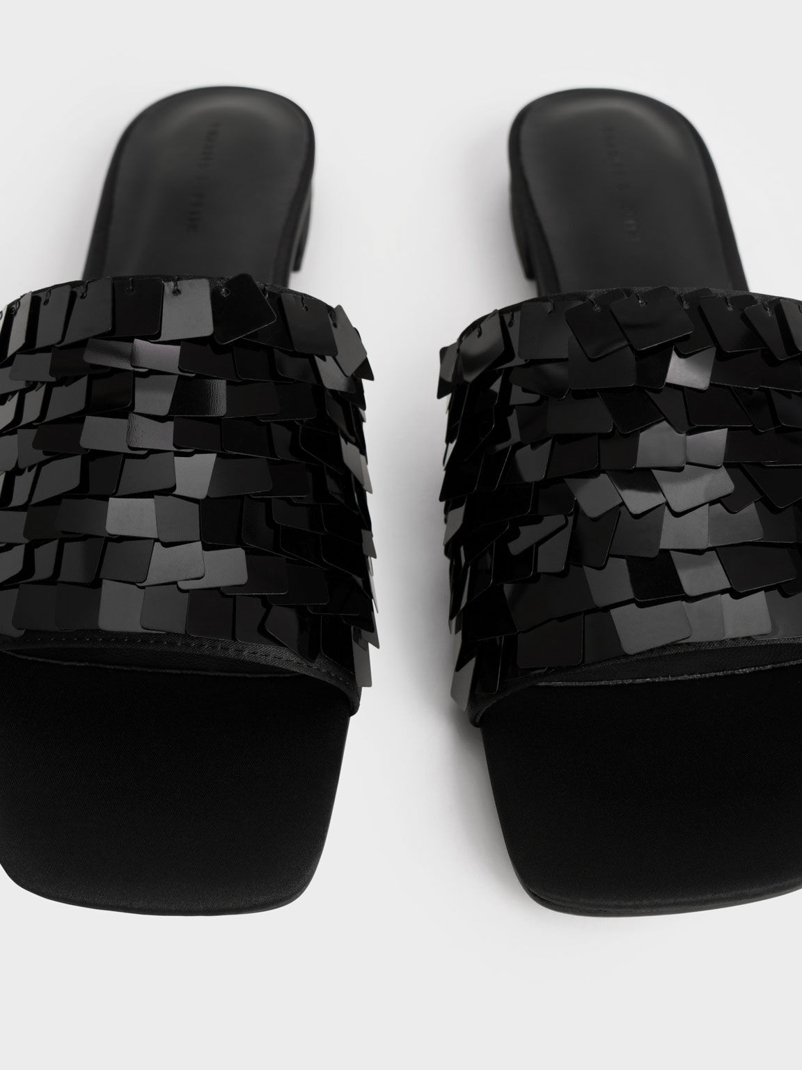 Sequinned Satin Slide Sandals, Black, hi-res