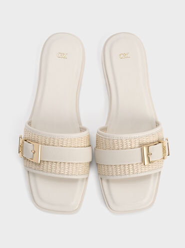 Whitney Leather & Raffia Buckled Slide Sandals, White, hi-res