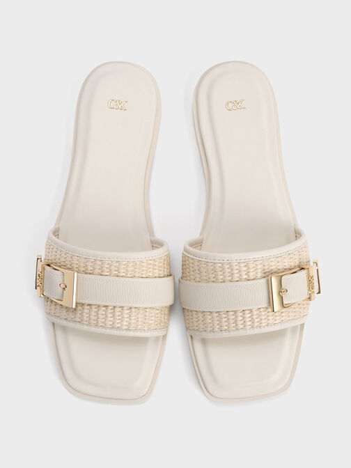 Whitney Leather & Raffia Buckled Slide Sandals, White, hi-res