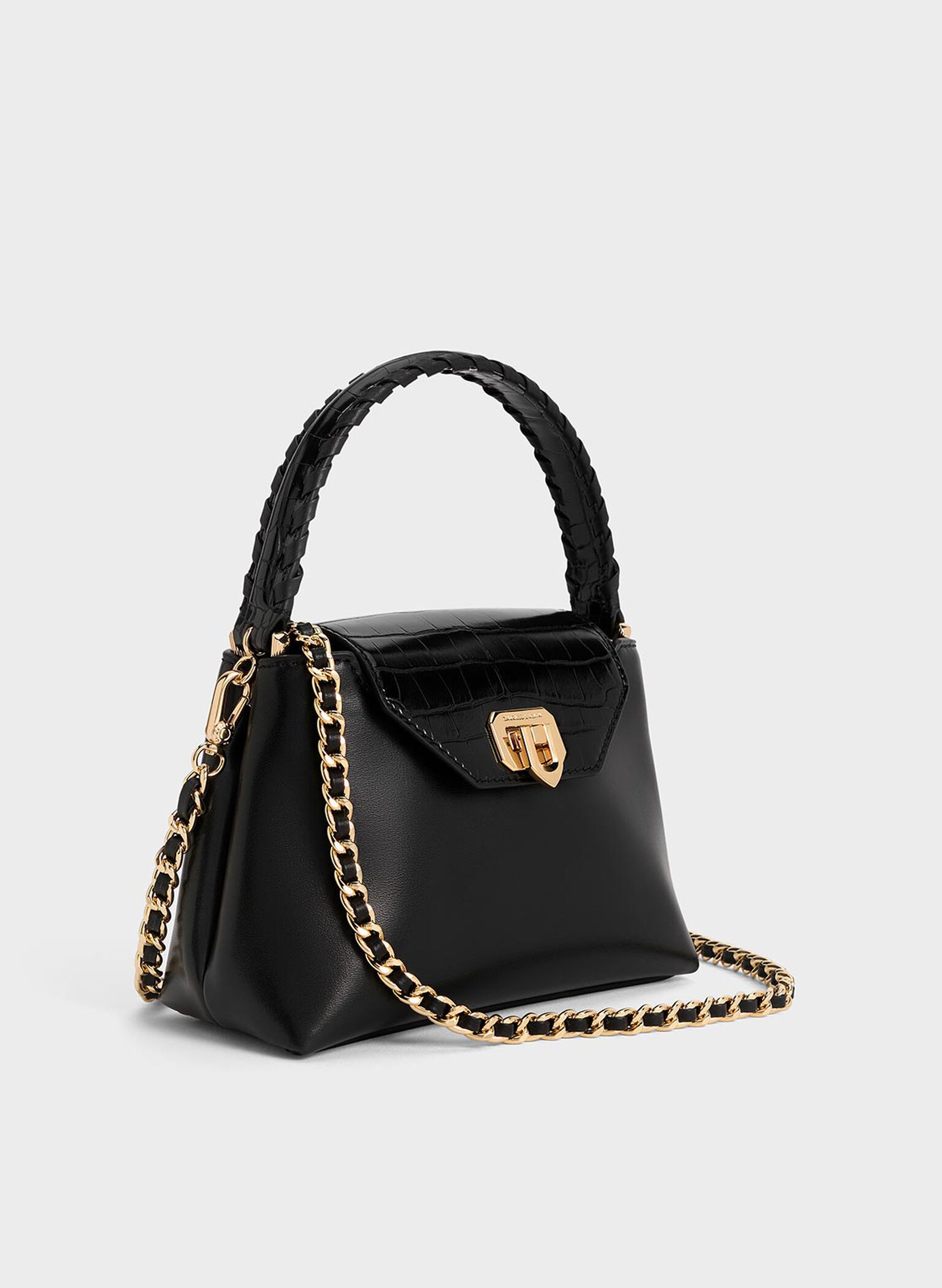 Bolso de asa superior Arwen de efecto cocodrilo con correa trenzada, Negro, hi-res