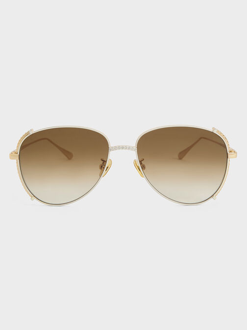 Gem-Embellished Wireframe Aviator Sunglasses, White, hi-res