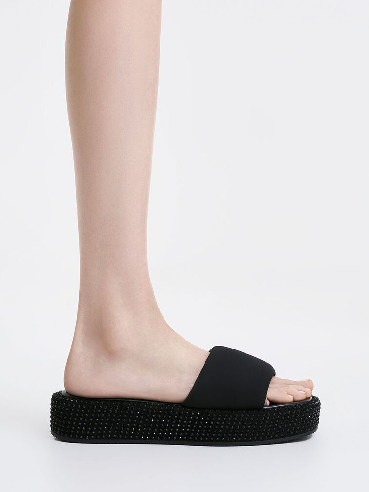 Crystal-Embellished Nylon Flatform Sandals, Black, hi-res