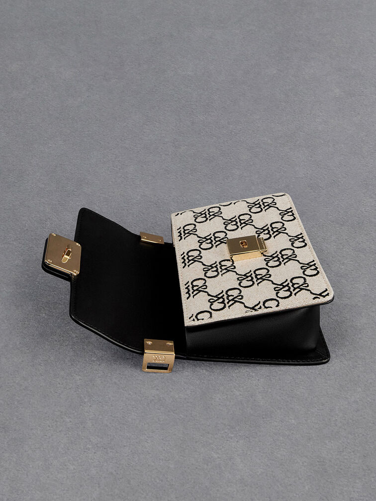 Leather & Canvas Monogram Boxy Bag, Black, hi-res