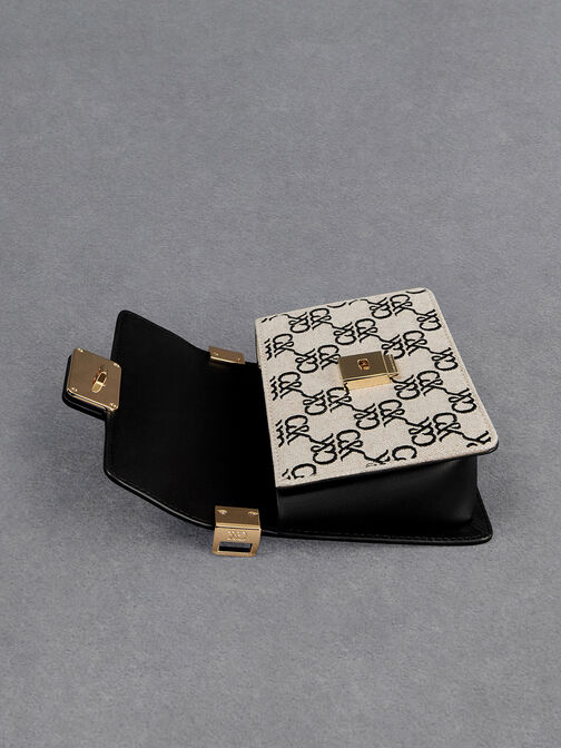 Leather & Canvas Monogram Boxy Bag, Black, hi-res