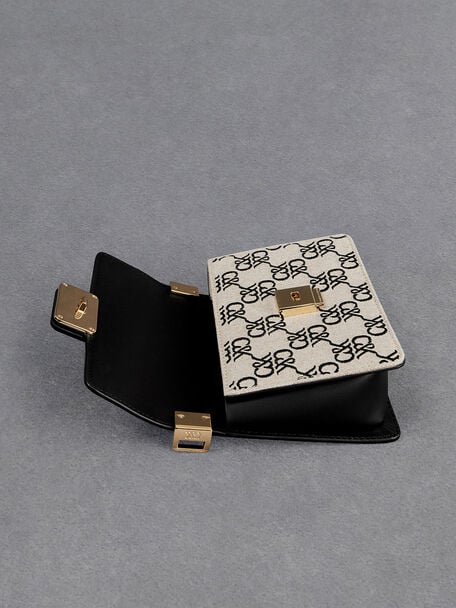 Bolso estructurado rectangular de cuero y lona con monograma, Negro, hi-res