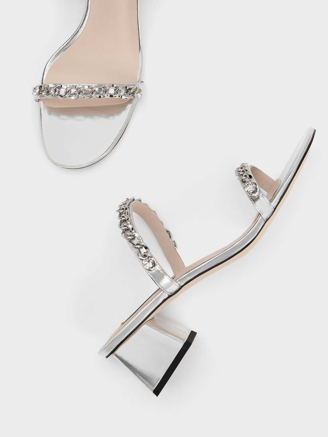 Chain-Link Block Heel Sandals, Silver, hi-res