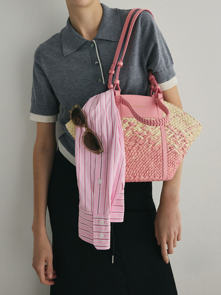 Bolso de rafia tipo cesta Shalia, Rosa guayaba, hi-res