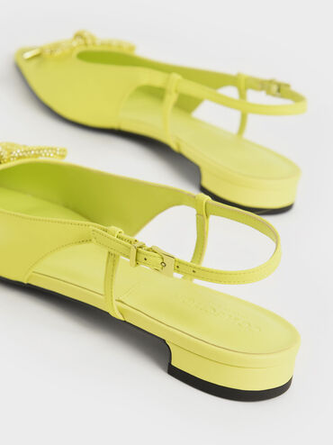 Zapatos planos con tira trasera y lazo adornados con gemas, Amarillo, hi-res