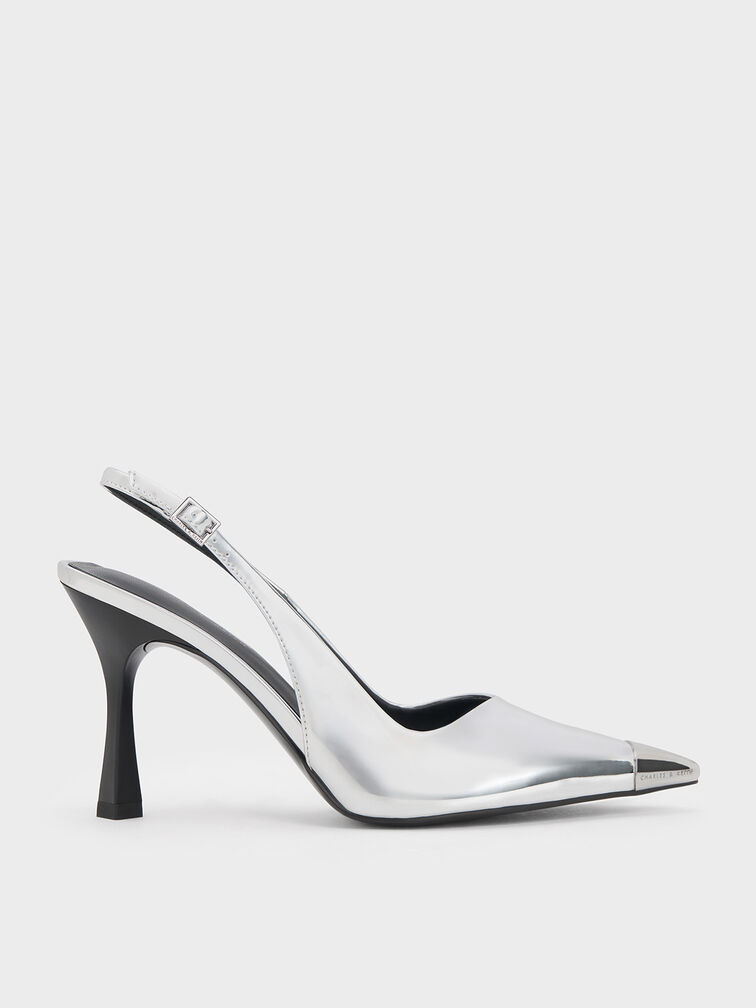 Silver Metallic Cap Pointed-Toe Slingback Pumps - CHARLES & KEITH US