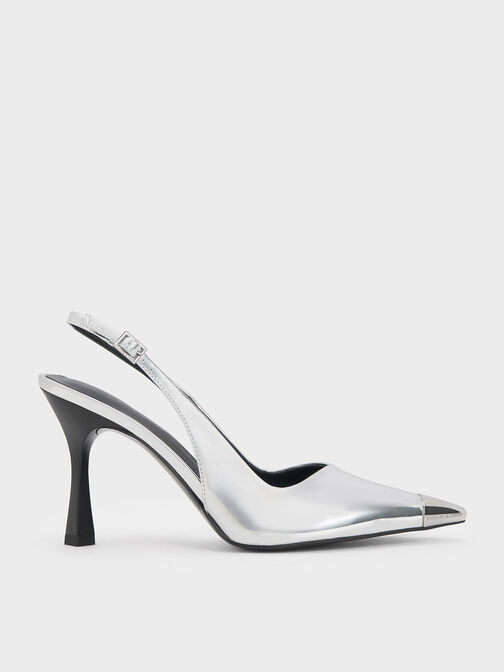 Metallic Cap Pointed-Toe Slingback Pumps, Silver, hi-res