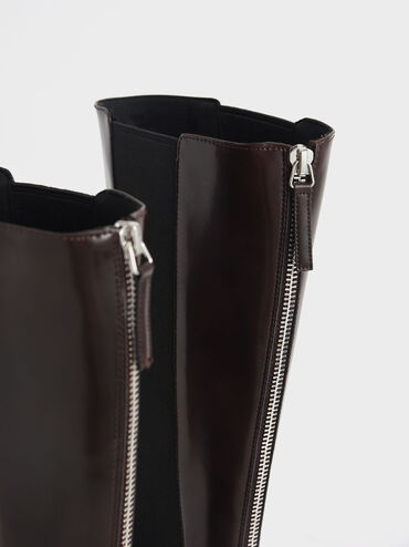 Zip-Up Chelsea Knee Boots, Dark Brown, hi-res