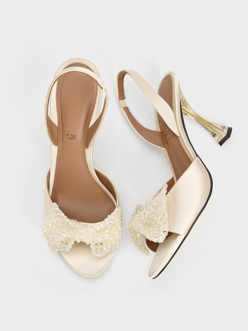 Recycled Polyester Beaded Bow Slingback Pumps, Champagne, hi-res