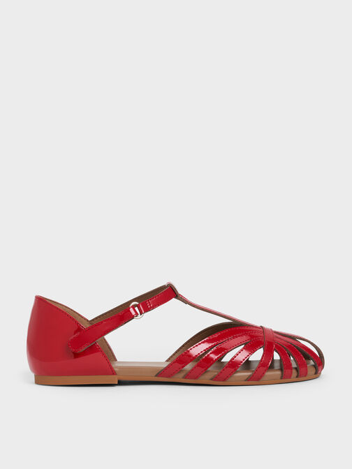 Girls' Patent Caged T-Bar Sandals, Red, hi-res