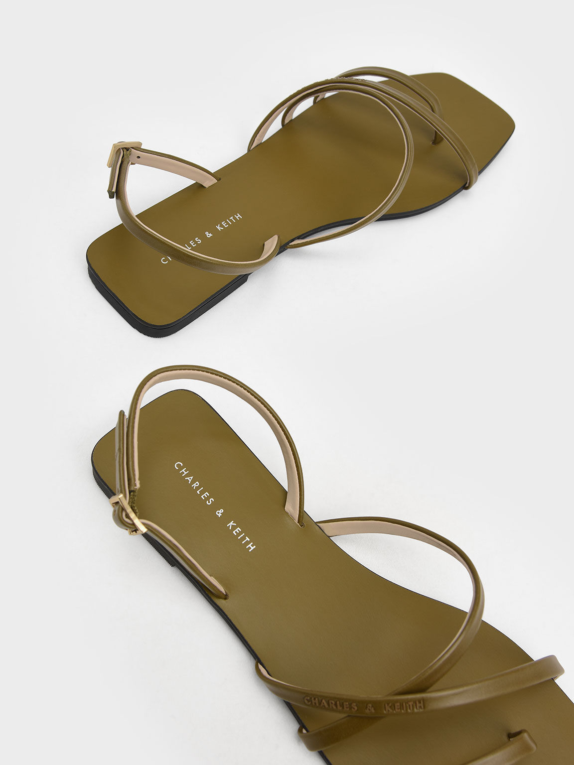 Strappy Square-Toe Slingback Sandals, Olive, hi-res