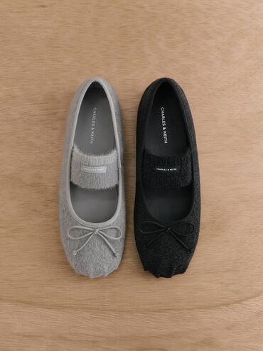 Winona Felt Bow Furry-Strap Mary Jane Flats, Light Grey, hi-res