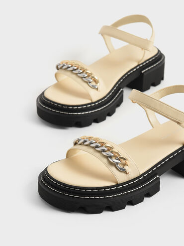 Chain-Link Contrast-Trim Sandals, Chalk, hi-res