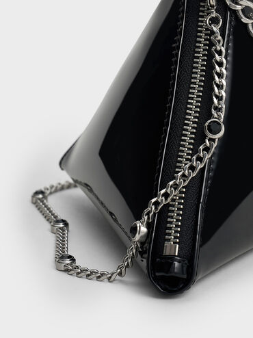 Patent Chain-Handle Triangle Clutch, Noir, hi-res
