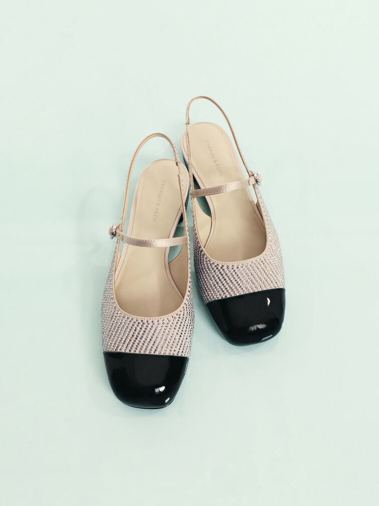 Pearl & Crystal-Embellished Cap-Toe Slingback Mary Jane Flats, Gold, hi-res