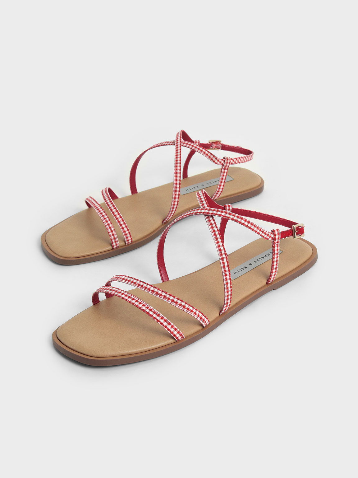 Check-Print Strappy Flat Sandals, Red, hi-res
