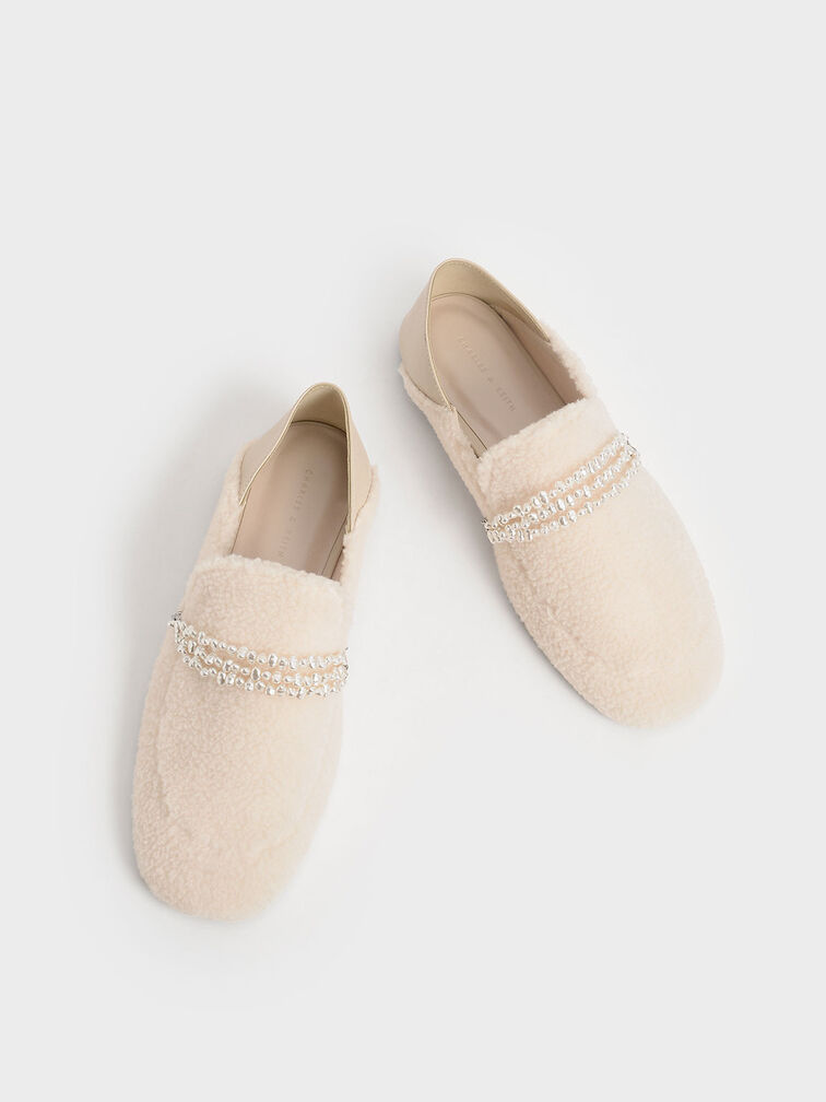 Beaded Furry Step-Back Loafers, Chalk, hi-res