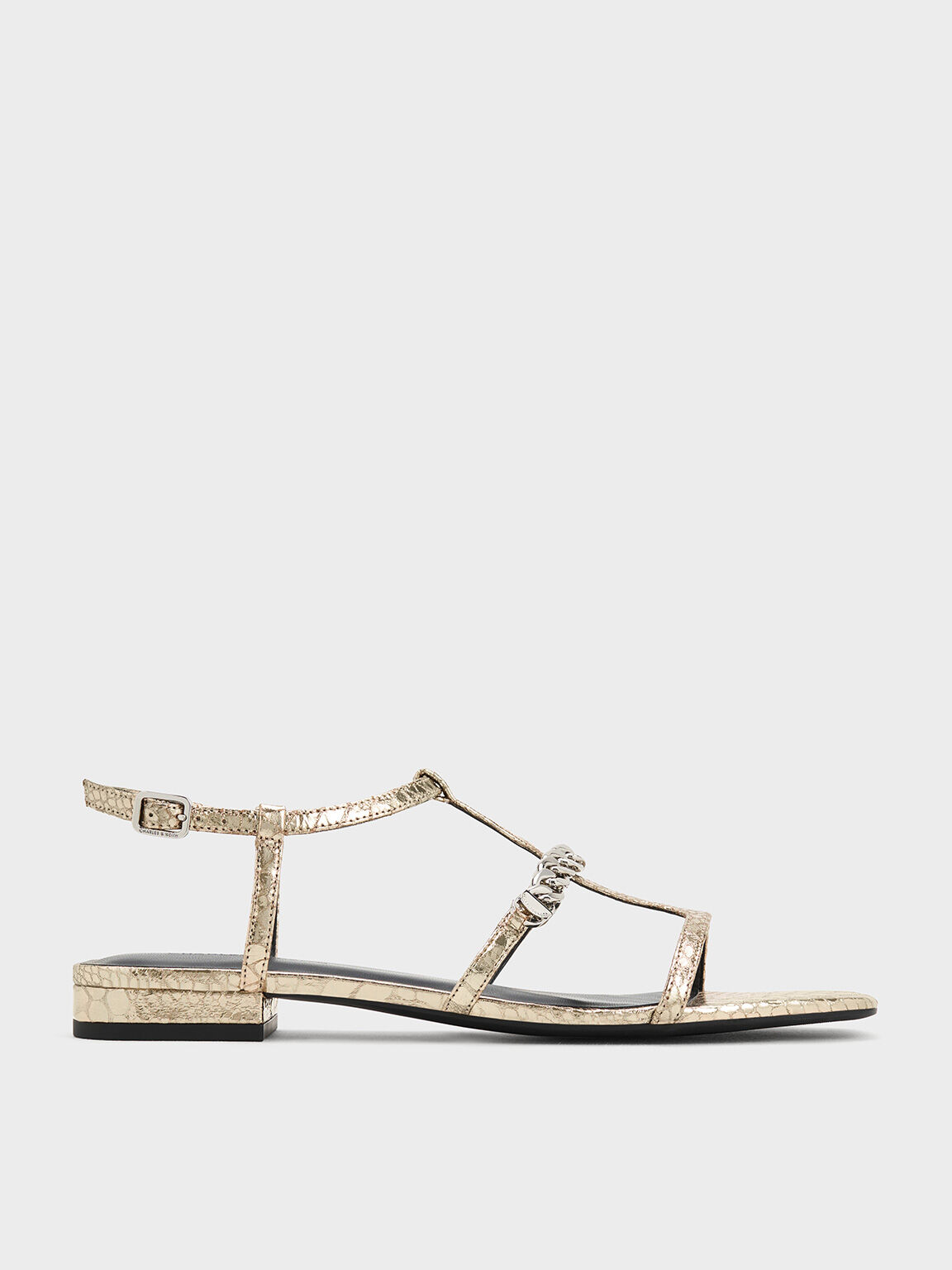 Animal Print Gold Metallic Snake Print T Bar Chain Link Sandals CHARLES KEITH AE