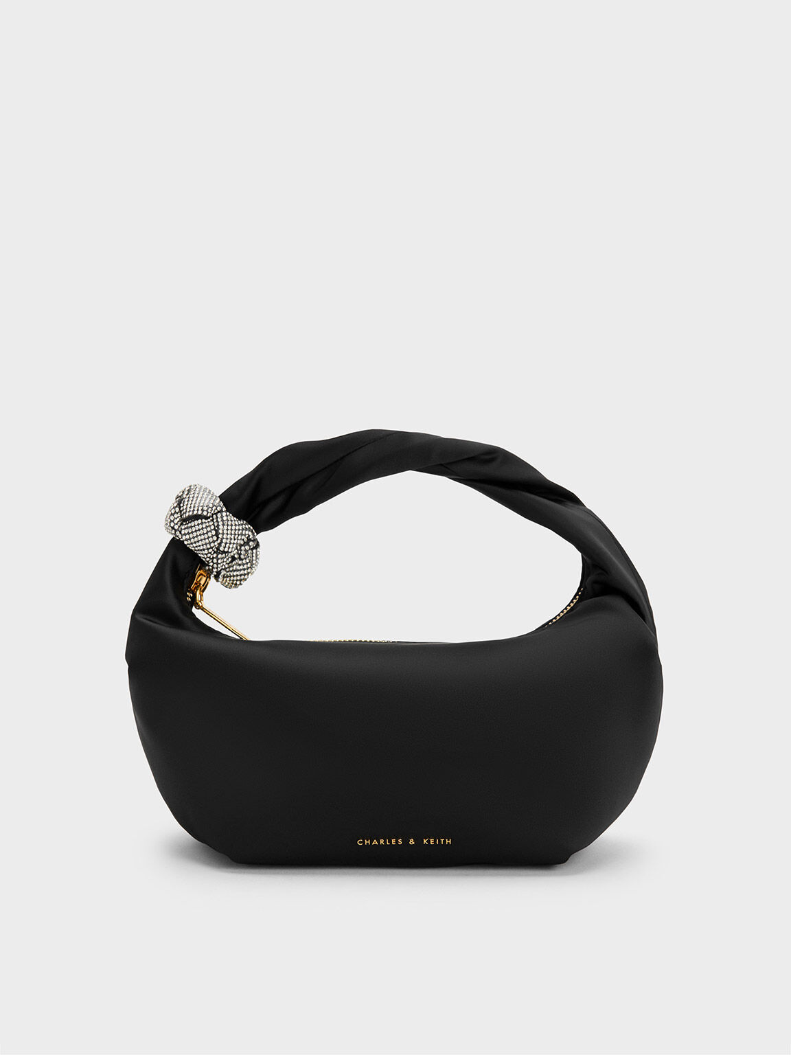 Embellished Satin Shoulder Bag, Black, hi-res