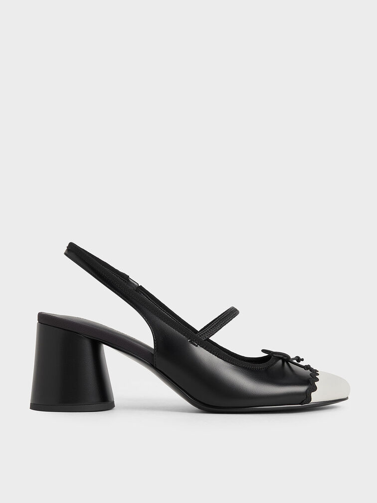 Two-Tone Bow Slingback Pumps, Black, hi-res