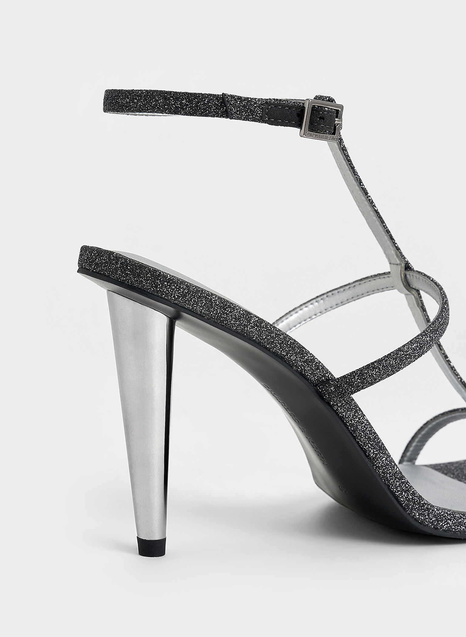 Glittered T-Bar Ankle-Strap Sandals, Black Textured, hi-res